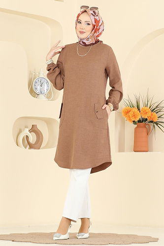 moda selvim Önden Cepli Sofia Tunik 3081KTR750 Bisküvi - Thumbnail