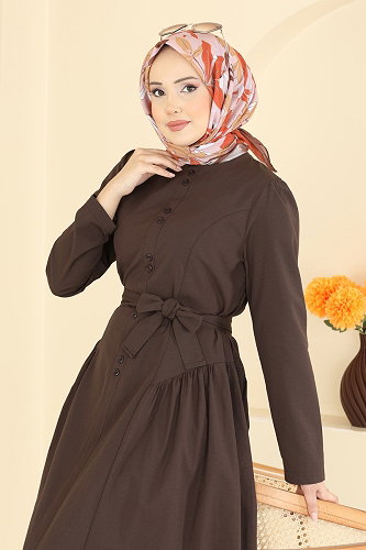 moda selvim Önden Çift Düğmeli Elbise 3086KTR750 Acı Kahve - Thumbnail