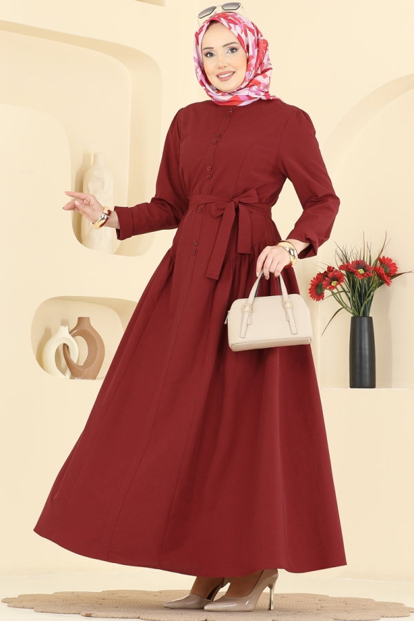 Modaselvim Elbise Önden Çift Düğmeli Elbise 3086KTR750 Bordo