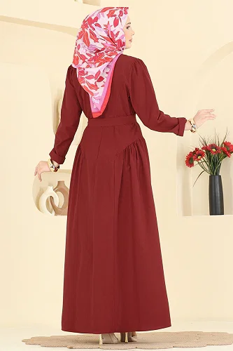 moda selvim Önden Çift Düğmeli Elbise 3086KTR750 Bordo - Thumbnail