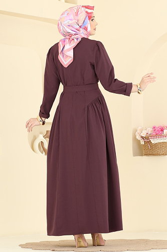 moda selvim Önden Çift Düğmeli Elbise 3086KTR750 Mürdüm - Thumbnail