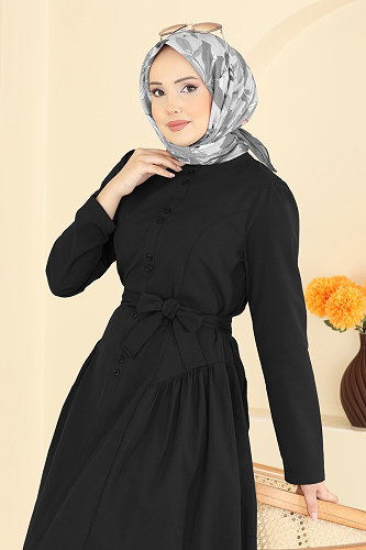 moda selvim Önden Çift Düğmeli Elbise 3086KTR750 Siyah - Thumbnail