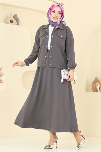 moda selvim Önden Çıtçıtlı Etekli Takım 2013MP806 Antrasit - Thumbnail