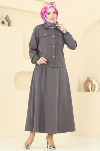 moda selvim Önden Çıtçıtlı Etekli Takım 2013MP806 Antrasit - Thumbnail