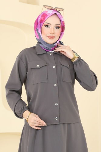 moda selvim Önden Çıtçıtlı Etekli Takım 2013MP806 Antrasit - Thumbnail