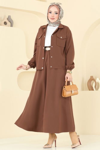 moda selvim Önden Çıtçıtlı Etekli Takım 2013MP806 Kahve - Thumbnail