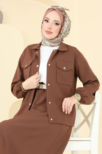 moda selvim Önden Çıtçıtlı Etekli Takım 2013MP806 Kahve - Thumbnail
