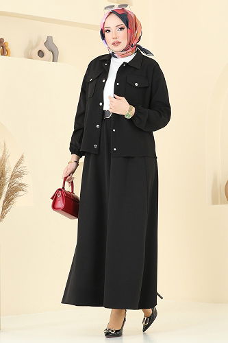 moda selvim Önden Çıtçıtlı Etekli Takım 2013MP806 Siyah - Thumbnail
