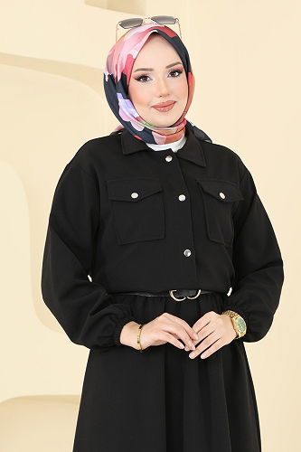 moda selvim Önden Çıtçıtlı Etekli Takım 2013MP806 Siyah - Thumbnail