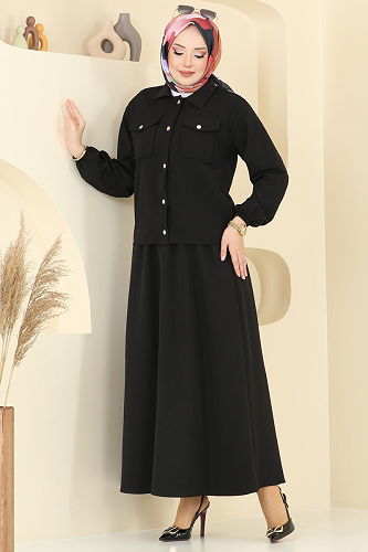 moda selvim Önden Çıtçıtlı Etekli Takım 2013MP806 Siyah - Thumbnail
