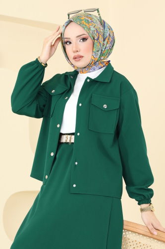 moda selvim Önden Çıtçıtlı Etekli Takım 2013MP806 Zümrüt - Thumbnail
