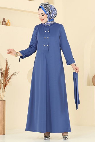 moda selvim Önden Çıtçıtlı Tesettür Elbise 416DVL817 İndigo - Thumbnail