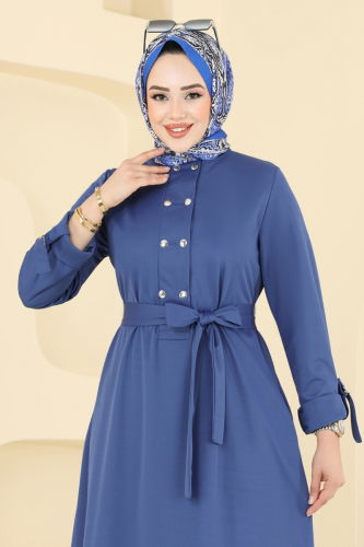 moda selvim Önden Çıtçıtlı Tesettür Elbise 416DVL817 İndigo - Thumbnail