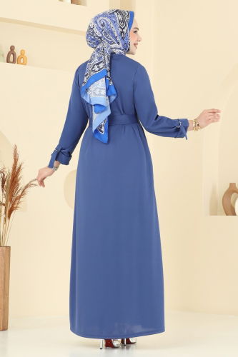 moda selvim Önden Çıtçıtlı Tesettür Elbise 416DVL817 İndigo - Thumbnail