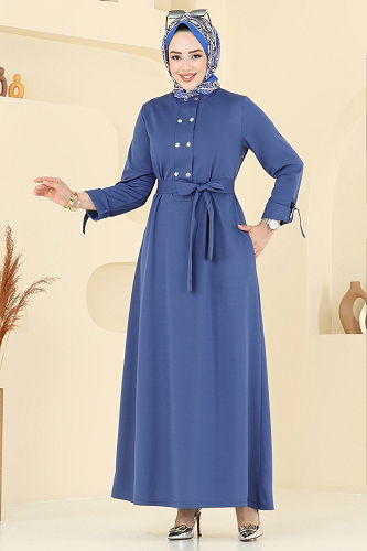 moda selvim Önden Çıtçıtlı Tesettür Elbise 416DVL817 İndigo - Thumbnail
