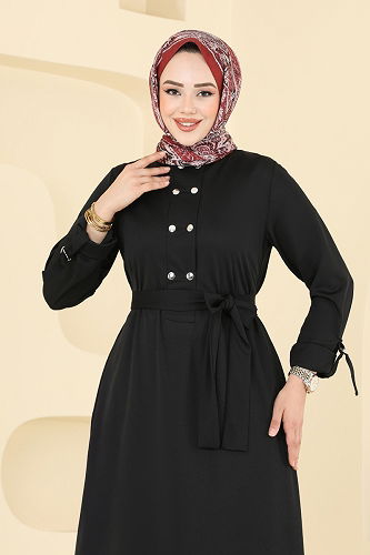 moda selvim Önden Çıtçıtlı Tesettür Elbise 416DVL817 Siyah - Thumbnail