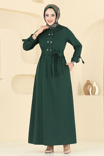 moda selvim Önden Çıtçıtlı Tesettür Elbise 416DVL817 Zümrüt - Thumbnail