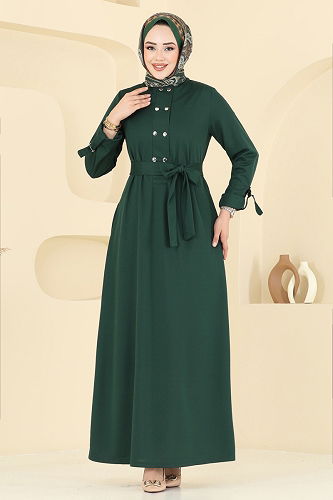 moda selvim Önden Çıtçıtlı Tesettür Elbise 416DVL817 Zümrüt - Thumbnail
