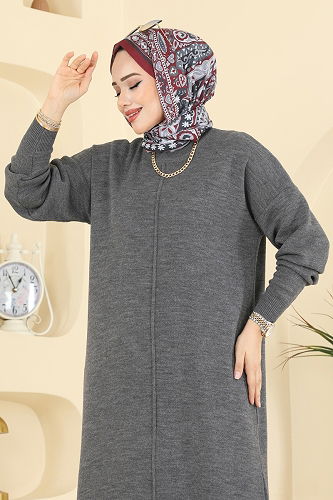 moda selvim Önden Çizgi Detaylı Elbise 2772AYD574 Antrasit - Thumbnail