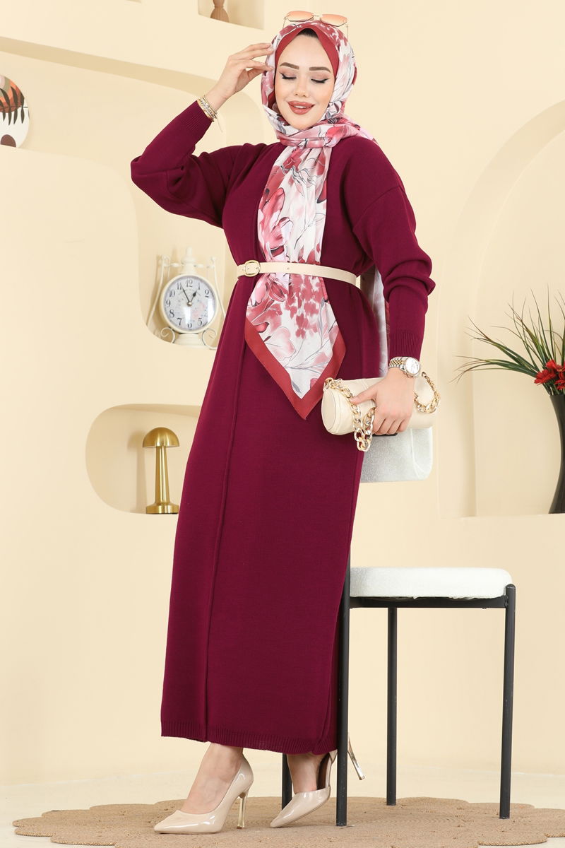 Önden Çizgi Detaylı Elbise 2772AYD574 Bordo