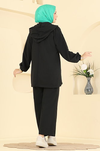 moda selvim Önden Düğme Detaylı 2 li Takım 2953SL432 Siyah - Thumbnail