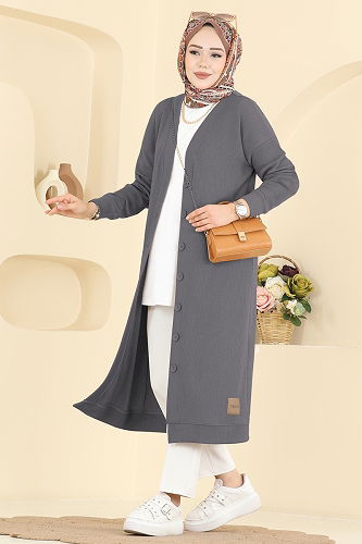 moda selvim Önden Düğme Detaylı Hırka 6038TEG847 Füme - Thumbnail