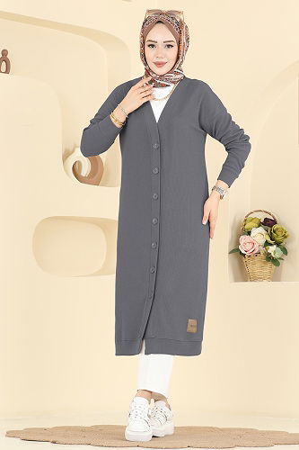 moda selvim Önden Düğme Detaylı Hırka 6038TEG847 Füme - Thumbnail