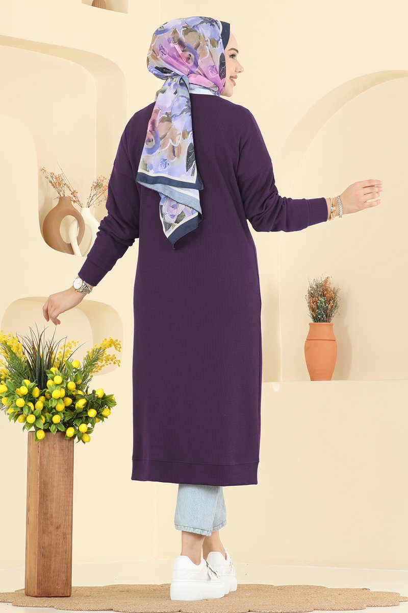 Önden Düğme Detaylı Hırka 6038TEG847 Mor - Moda Selvim