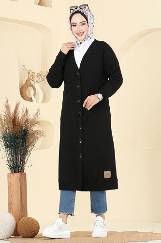 moda selvim Önden Düğme Detaylı Hırka 6038TEG847 Siyah - Thumbnail