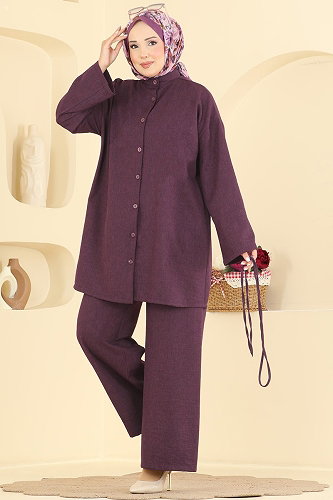 moda selvim Önden Düğmeli 2 li Takım 222NZRK1200 Mürdüm - Thumbnail