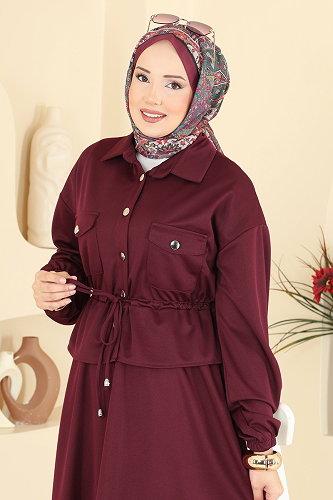 moda selvim Önden Düğmeli 2 li Takım 2887SLK540 Bordo - Thumbnail