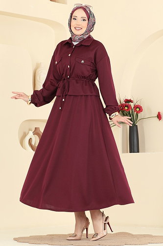 moda selvim Önden Düğmeli 2 li Takım 2887SLK540 Bordo - Thumbnail