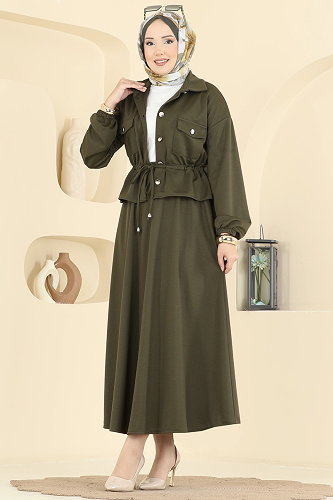 moda selvim Önden Düğmeli 2 li Takım 2887SLK540 Haki - Thumbnail