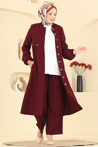 moda selvim Önden Düğmeli 2 li Takım 2942SL432 Bordo - Thumbnail