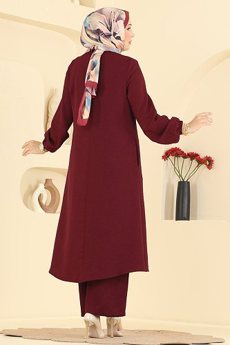 moda selvim Önden Düğmeli 2 li Takım 2942SL432 Bordo - Thumbnail