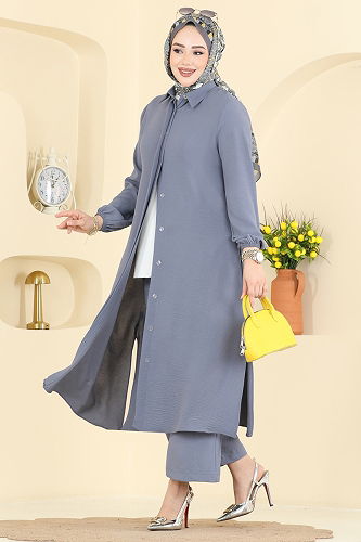 moda selvim Önden Düğmeli 2 li Takım 3031SMD1186 Gri - Thumbnail