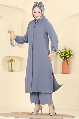 moda selvim Önden Düğmeli 2 li Takım 3031SMD1186 Gri - Thumbnail