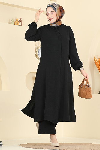 moda selvim Önden Düğmeli 2 li Takım 3031SMD1186 Siyah - Thumbnail