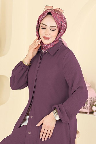 moda selvim Önden Düğmeli 2 li Takım 9240PLK541 Koyu Lila - Thumbnail