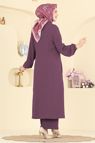 moda selvim Önden Düğmeli 2 li Takım 9240PLK541 Koyu Lila - Thumbnail