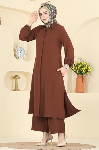 moda selvim Önden Düğmeli 2 li Takım 9240PLK541 Taba - Thumbnail