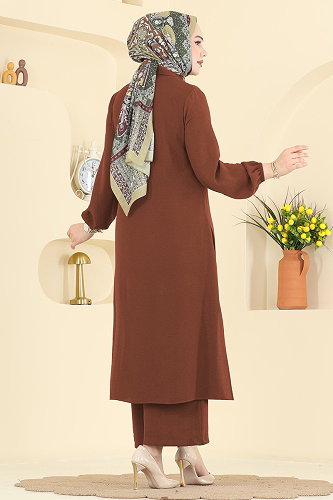 moda selvim Önden Düğmeli 2 li Takım 9240PLK541 Taba - Thumbnail