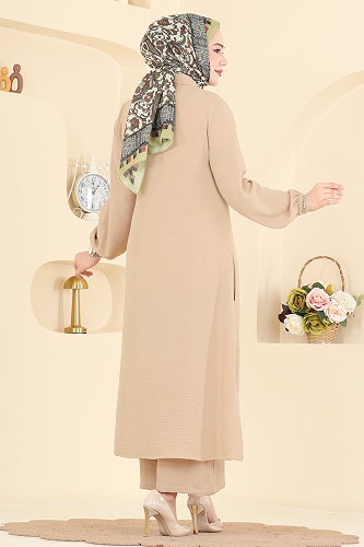 moda selvim Önden Düğmeli 2 li Takım 9240PLK541 Taş - Thumbnail