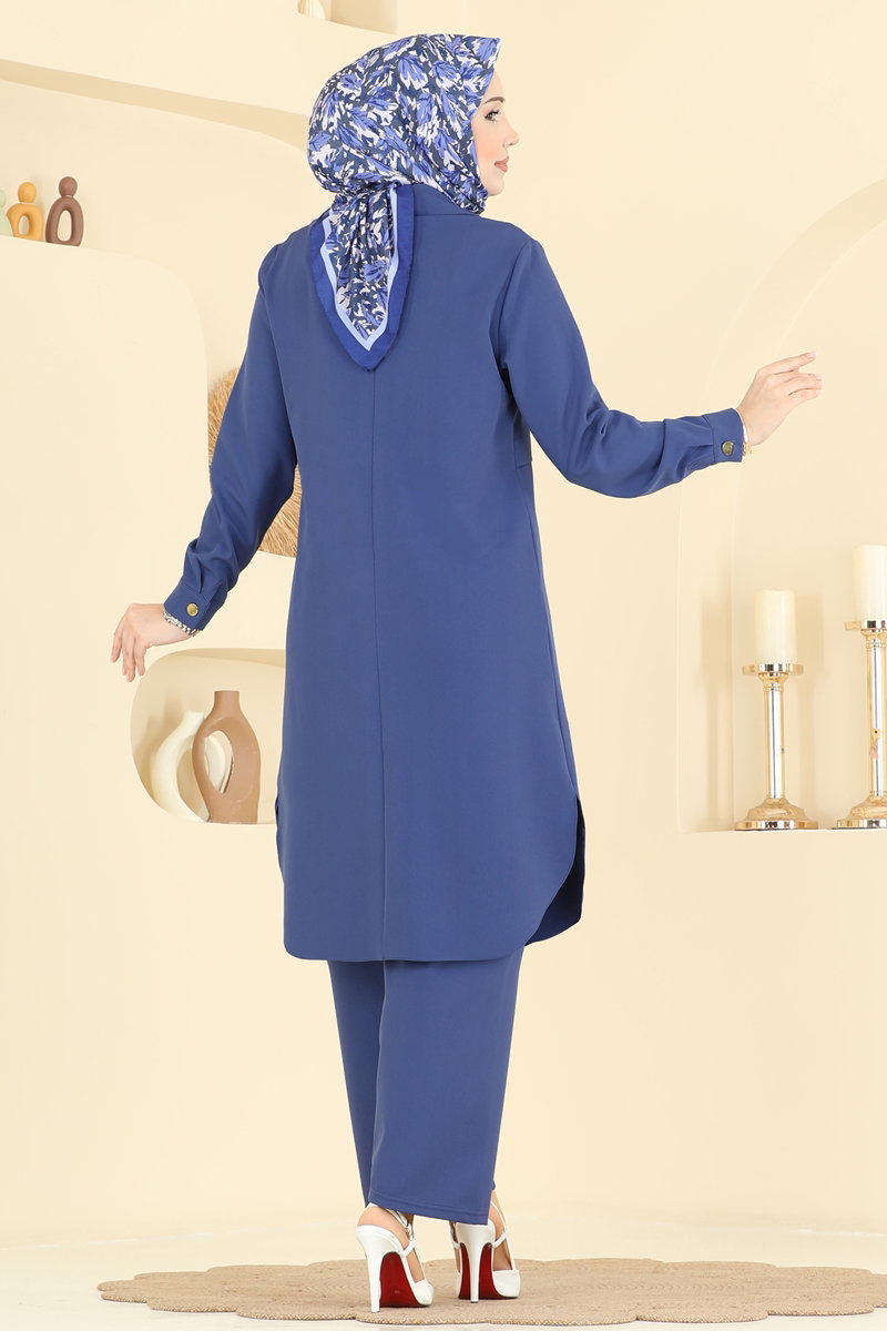 Önden Düğmeli 2 li Takım PL9218 İndigo - Moda Selvim