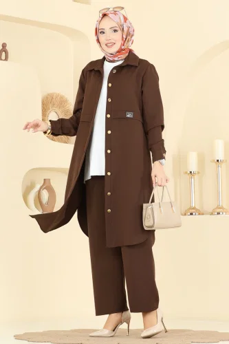 P.L. - Önden Düğmeli 2 li Takım PL9218 Kahve