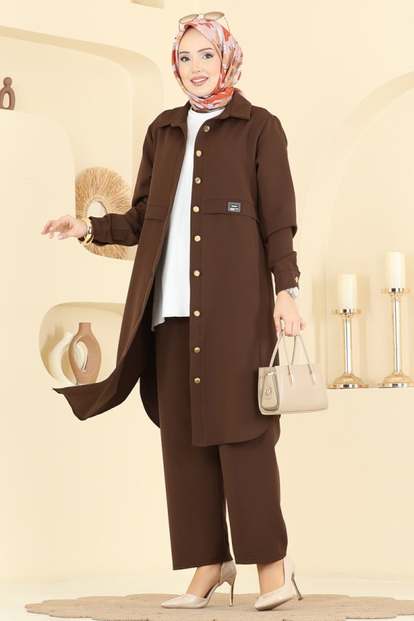 Modaselvim Kombin Önden Düğmeli 2 li Takım PL9218 Kahve