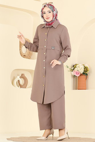 moda selvim Önden Düğmeli 2 li Takım PL9218 Koyu Vizyon - Thumbnail