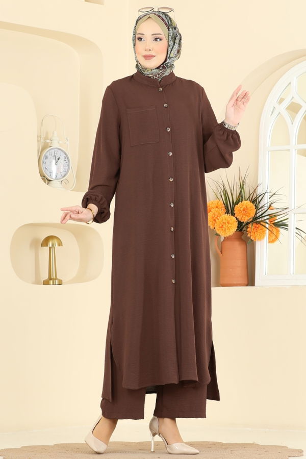 Modaselvim Kombin Önden Düğmeli Aerobin Takım 1973TRT545 Kahve