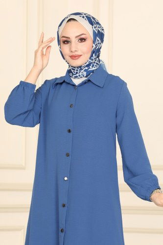 moda selvim Yırtmaç Detaylı Aerobin Tunik 0987FYZ804 İndigo - Thumbnail