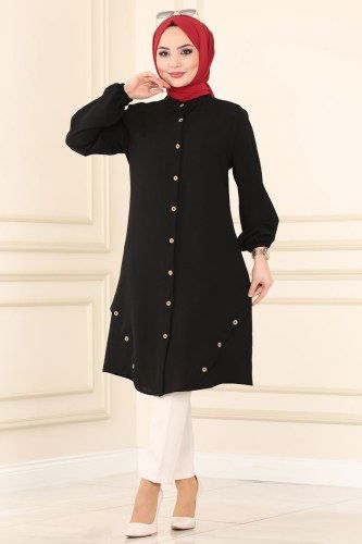 moda selvim Önden Düğmeli Aerobin Tunik 4003BM387 Siyah - Thumbnail